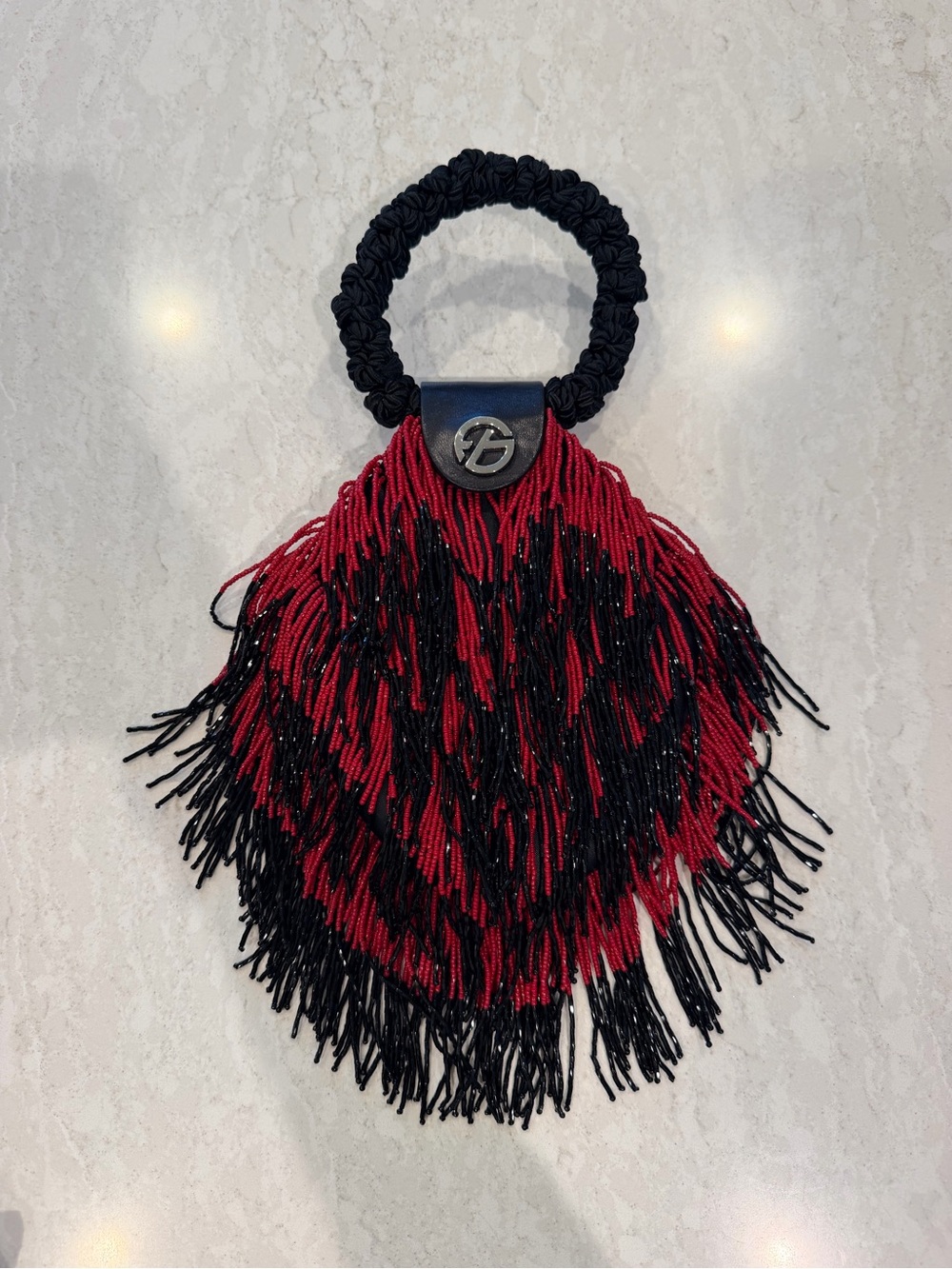 Francesco Biasia Red and Black Beaded Fringe Wristlet